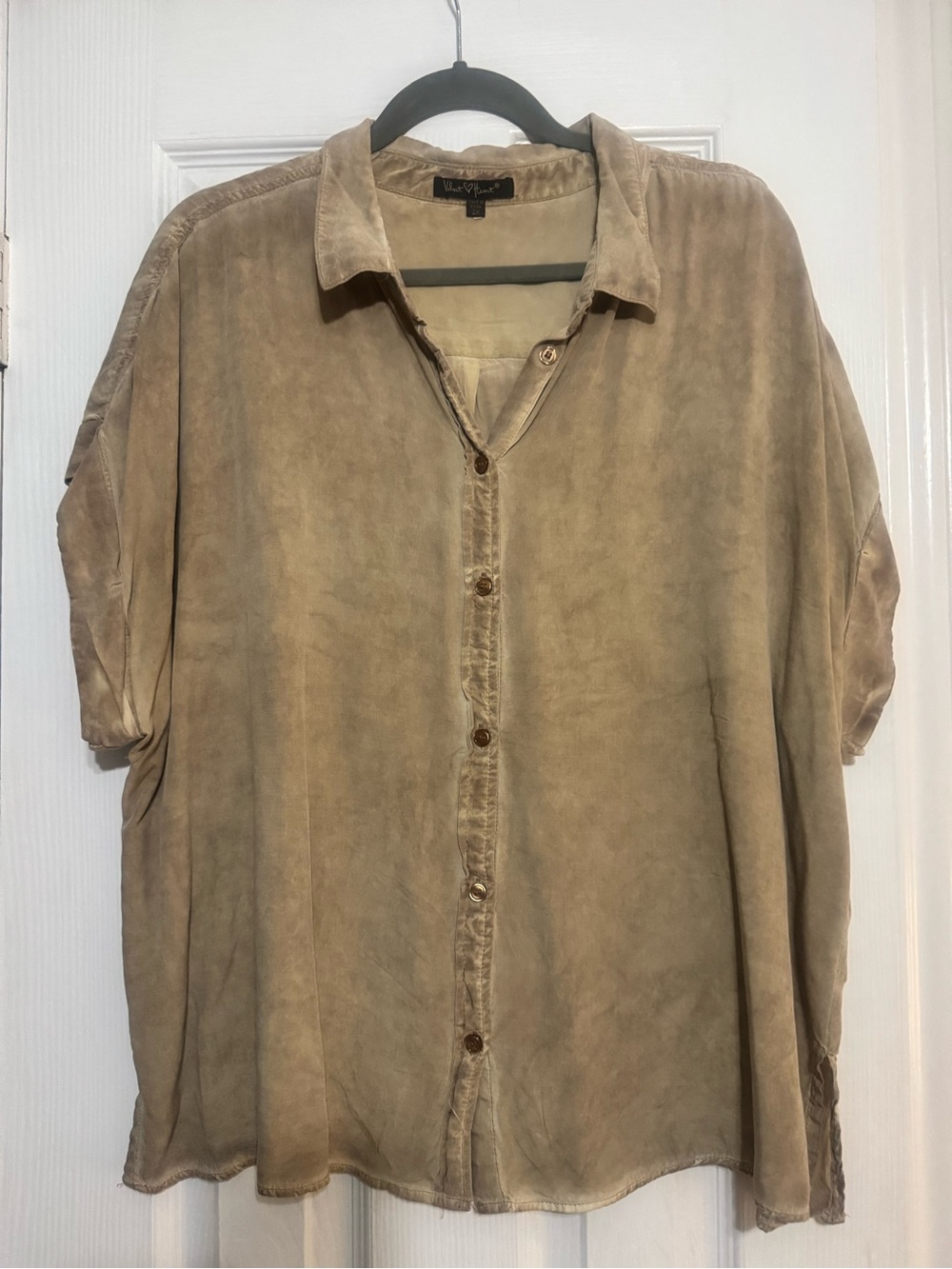 Velvet Heart Relaxed Distressed Button-Down Shirt in Taupe/Tan